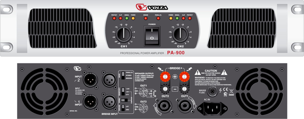 VOLTA PA-900 Усилитель мощности двухканальный. Мощность (8/4/2 Ом)  - 2х500 Вт/ 2х850 Вт/ 2х1300 Вт. купить в prostore.me