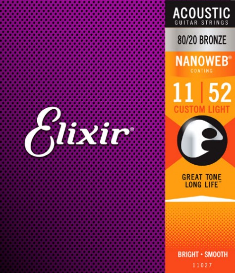 Elixir 11027 NANOWEB Комплект струн для акустической гитары, Custom Light, бронза 80/20, 11-52. купить в prostore.me