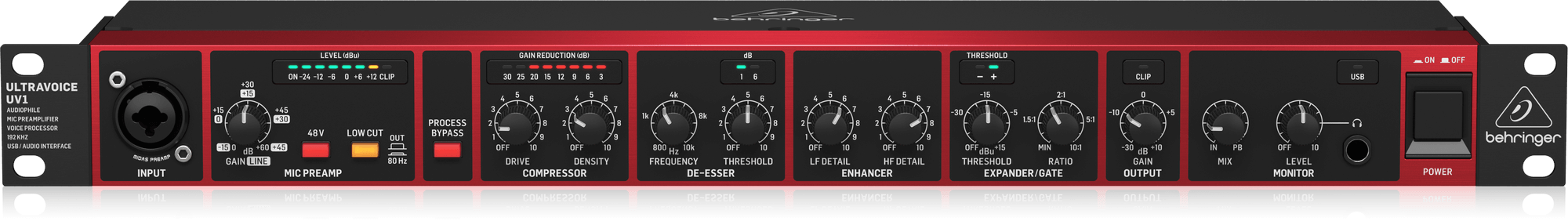 BEHRINGER UV1 - микрофонный предусилитель, вокальный процессор и USB-аудиоинтерфейс 192 кГц купить в prostore.me