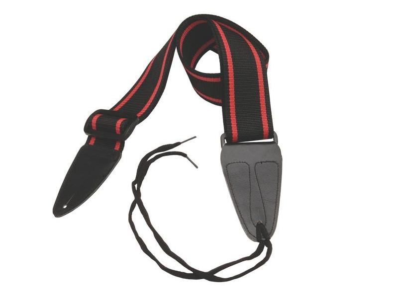 OnStage GSA10BKRD - ремень для гитары, полипропилен, кожаные концы, 2", черный с красными полосками