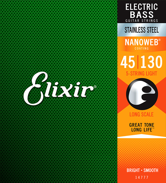 Elixir 14777 NANOWEB Комплект струн для 5-струнной бас-гитары, Medium w/Light B, 45-130.