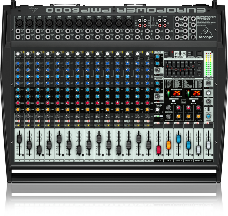 BEHRINGER PMP6000 - микшер-усилит,2х800 Вт,12 моно/4 стер,эквалайзер,эффекты,подавитель обр.связи