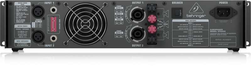 картинка BEHRINGER EP2000 - усилитель мощности, 2х500 Вт/4 Ом,2х350 Вт/8 Ом, мост:1300 Вт/4 Ом, 1000 Вт/8  Ом от магазина prostore.me