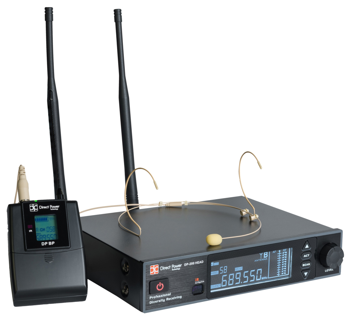 DP-200 HEAD Радиосистема с поясным передатчиком, головным микрофоном и ЖК-дисплеем.