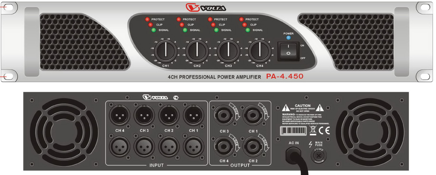 картинка VOLTA PA-4.450 Усилитель мощности четырёхканальный. Мощность (8/4/2 Ом)  - 4х300 Вт/ 4х450 Вт/ 4х580 от магазина prostore.me