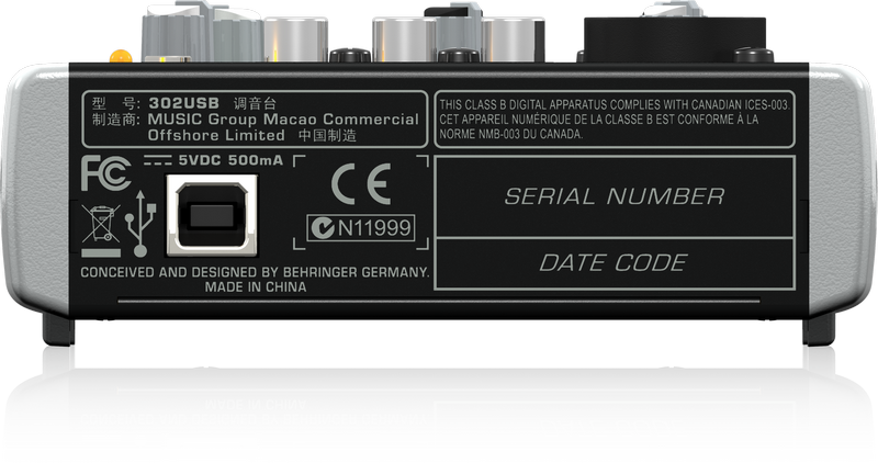 картинка Behringer 302USB аналоговый микшер, 3 канала, 1 мик. + 1 лин. стерео, USB-audio, Main L/R- RCA от магазина prostore.me