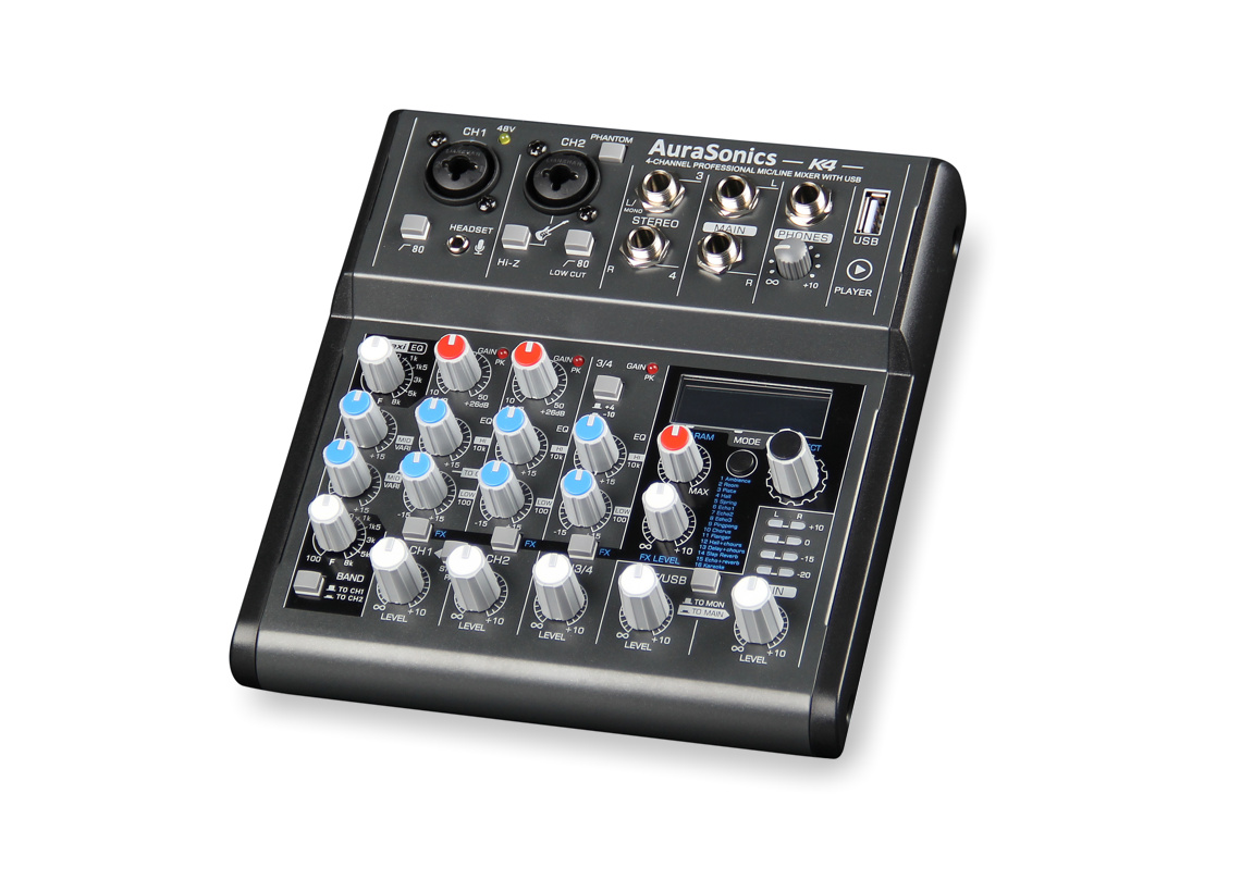 AuraSonics K4 компактный микшерный пульт 2 мик.+1 лин.стерео+FXстерео+дополнительный стереоканал со 