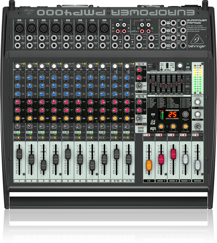 BEHRINGER PMP4000 - микшер-усилит,2x300 Втна8 Ом (2x600 Вт на 4 Ом), 1200 мост 8 Ом, 8 моно/4 стерео