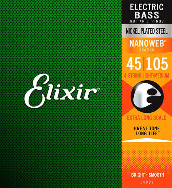 Elixir 14087 NANOWEB Комплект струн для бас-гитары с мензурой более 34”, Medium, 45-105.