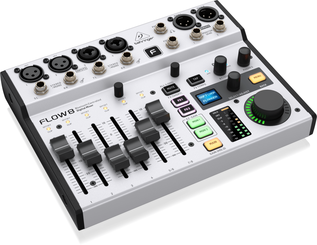 BEHRINGER FLOW 8 - цифровой микшерный пульт, 4 TRS входа, 2 XLR входа, 2 XLR/TRS входа, USB порт